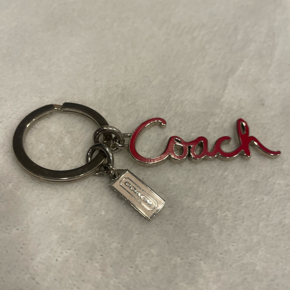 RARE HTF RED/SILVER ENAMEL COACH SCRIPT PURSE CHARM KEY CHAIN FOB